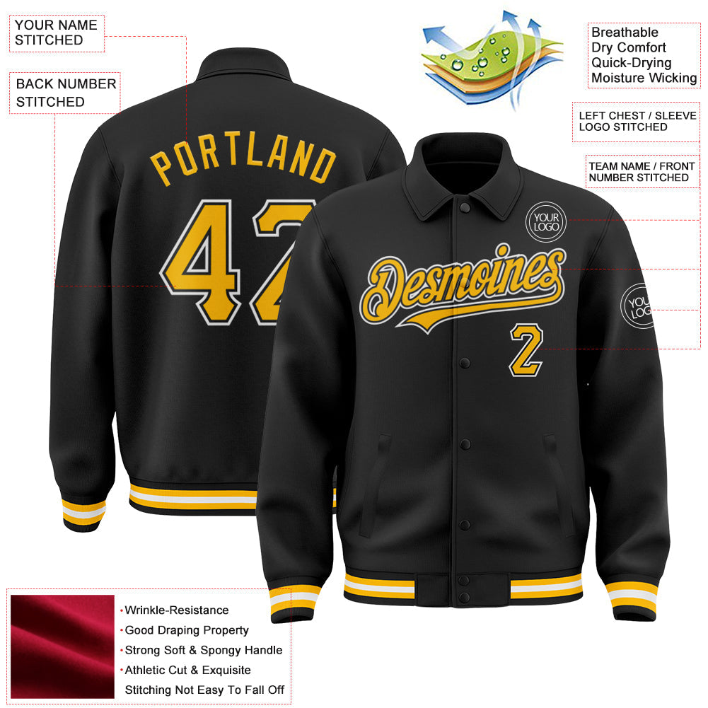 Custom Black Gold-White Bomber Full-Snap Varsity Letterman Lapel Collar Byron Jacket view 3