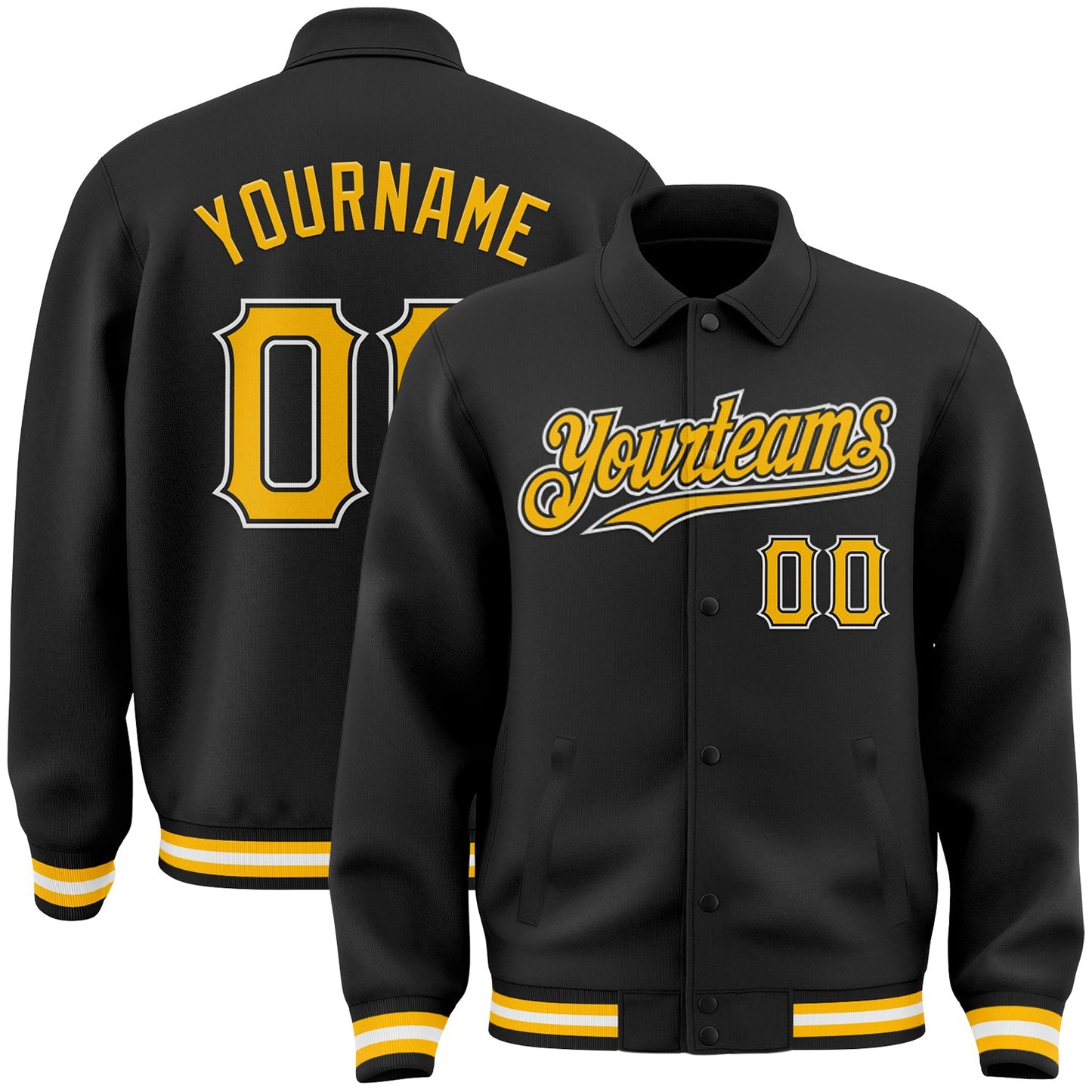 Custom Black Gold-White Bomber Full-Snap Varsity Letterman Lapel Collar Byron Jacket - Main View