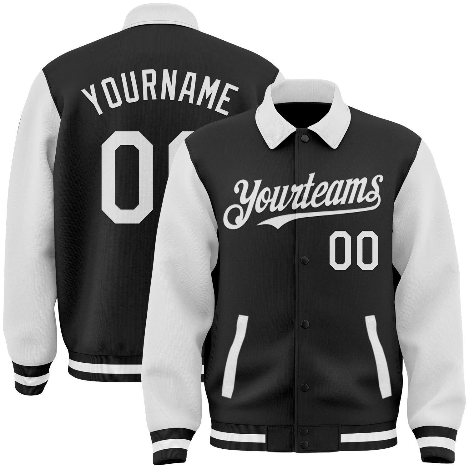Custom Black White Bomber Full-Snap Varsity Letterman Two Tone Lapel Collar Byron Jacket - Main View
