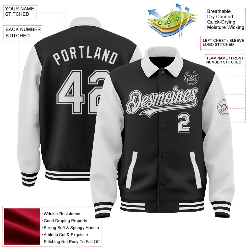 Custom Black White Bomber Full-Snap Varsity Letterman Two Tone Lapel Collar Byron Jacket view 3