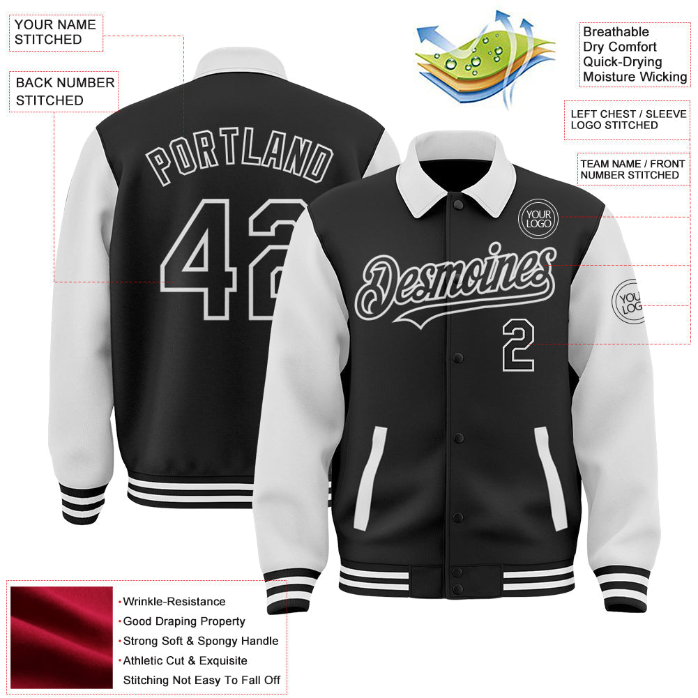 Custom Black White Bomber Full-Snap Varsity Letterman Two Tone Lapel Collar Byron Jacket view 3