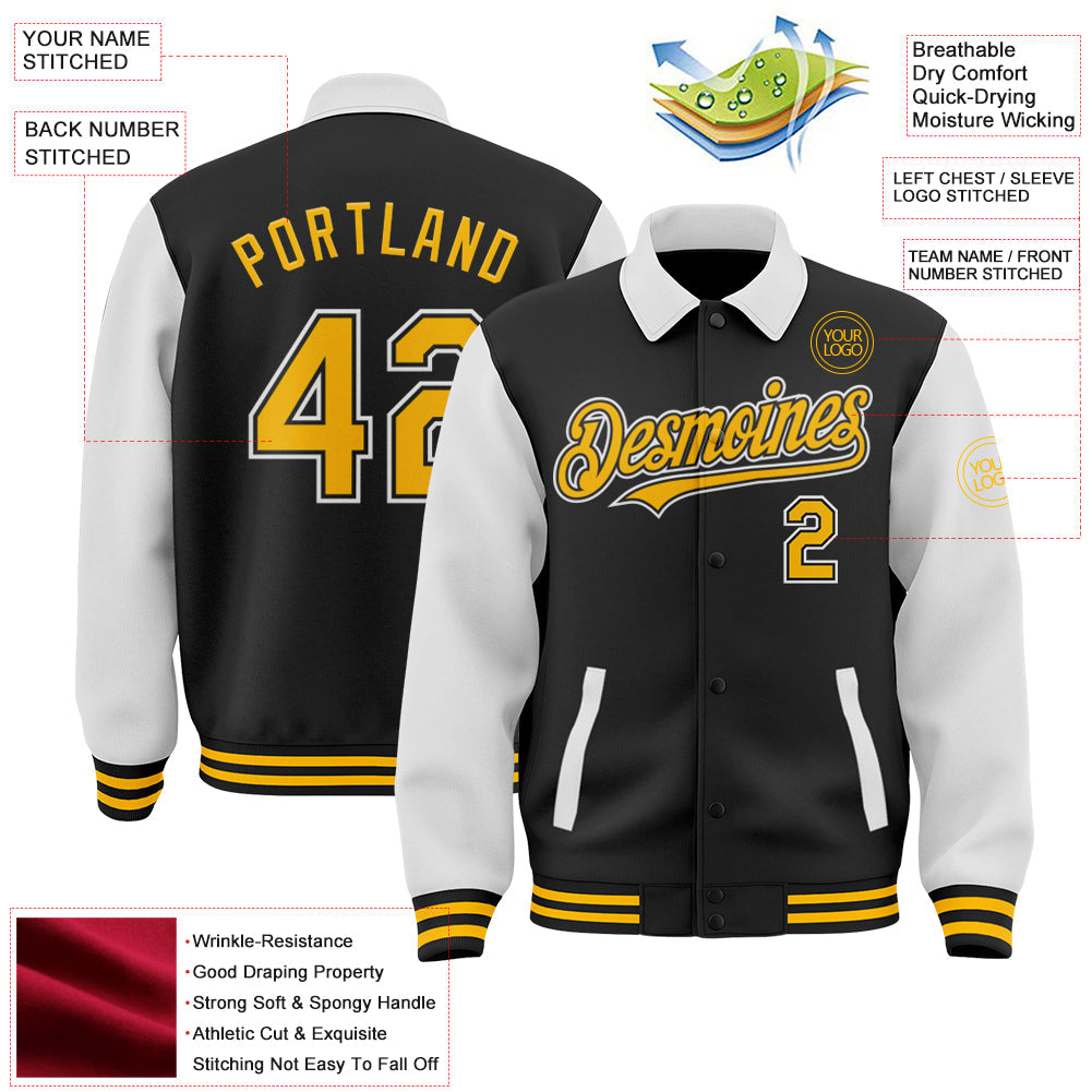 Custom Black Gold-White Bomber Full-Snap Varsity Letterman Two Tone Lapel Collar Byron Jacket view 3