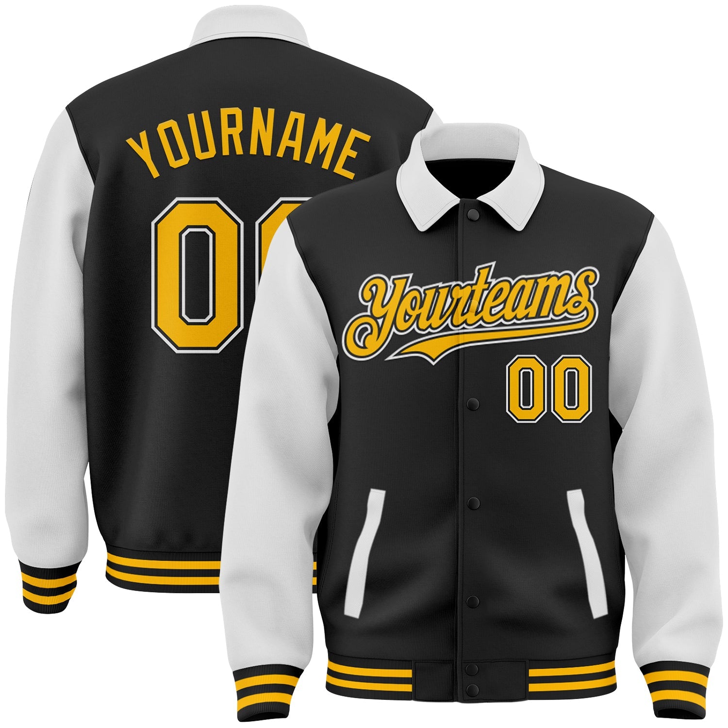 Custom Black Gold-White Bomber Full-Snap Varsity Letterman Two Tone Lapel Collar Byron Jacket - Main View