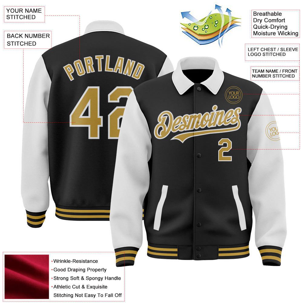 Custom Black Old Gold-White Bomber Full-Snap Varsity Letterman Two Tone Lapel Collar Byron Jacket view 3