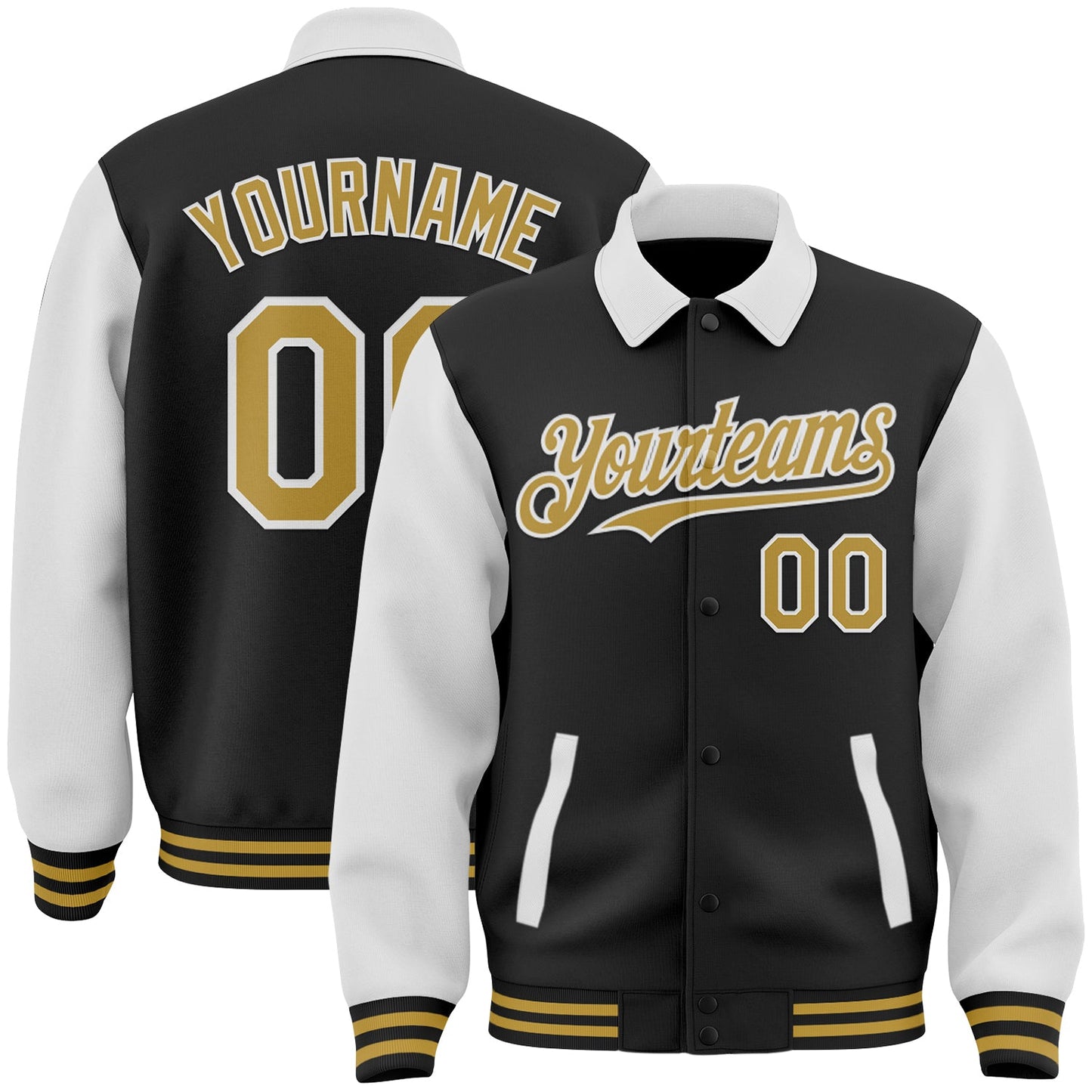 Custom Black Old Gold-White Bomber Full-Snap Varsity Letterman Two Tone Lapel Collar Byron Jacket - Main View