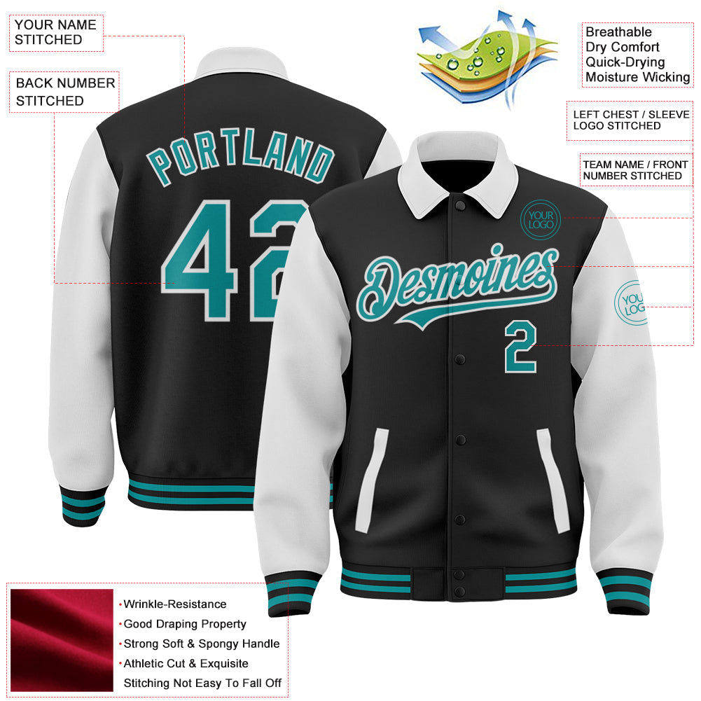 Custom Black Teal-White Bomber Full-Snap Varsity Letterman Two Tone Lapel Collar Byron Jacket view 3