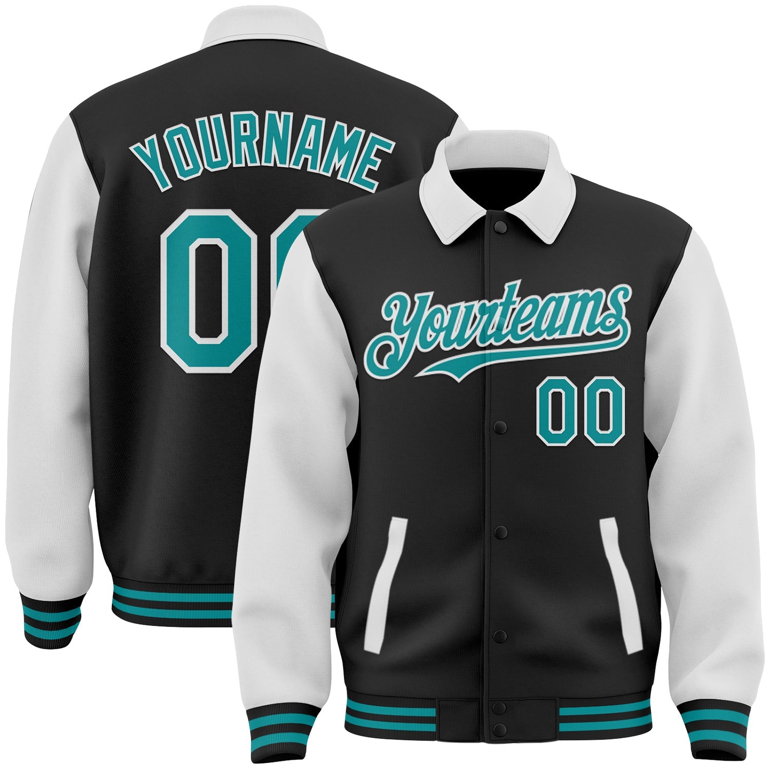 Custom Black Teal-White Bomber Full-Snap Varsity Letterman Two Tone Lapel Collar Byron Jacket - Main View