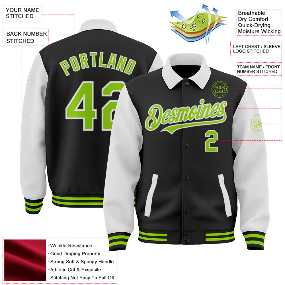 Custom Black Neon Green-White Bomber Full-Snap Varsity Letterman Two Tone Lapel Collar Byron Jacket view 3