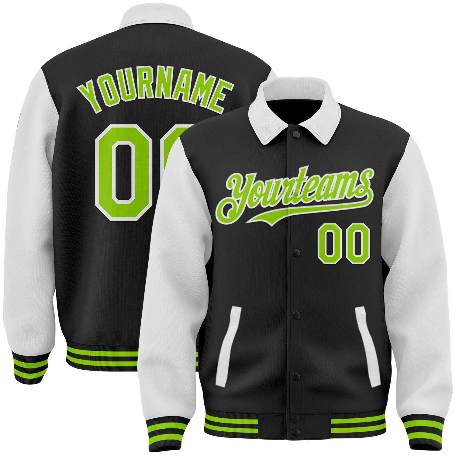 Custom Black Neon Green-White Bomber Full-Snap Varsity Letterman Two Tone Lapel Collar Byron Jacket - Main View