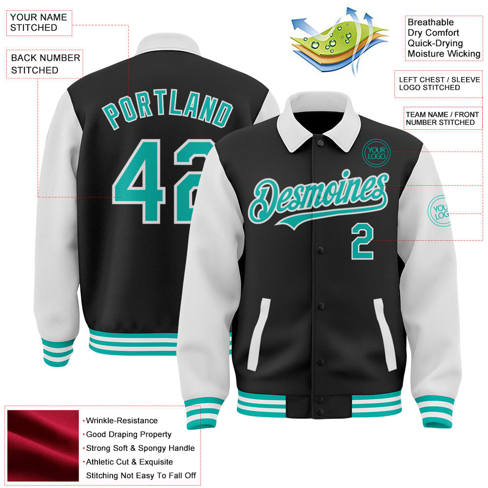 Custom Black Aqua-White Bomber Full-Snap Varsity Letterman Two Tone Lapel Collar Byron Jacket view 3