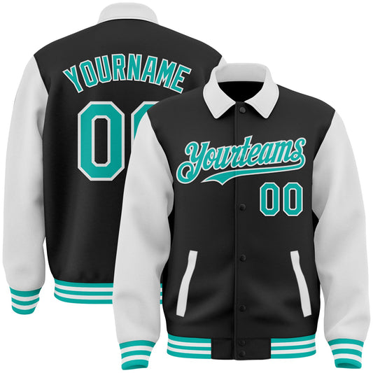 Custom Black Aqua-White Bomber Full-Snap Varsity Letterman Two Tone Lapel Collar Byron Jacket - Main View