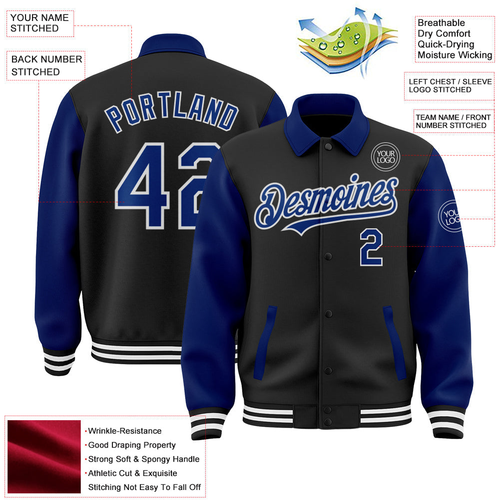 Custom Black Royal-White Bomber Full-Snap Varsity Letterman Two Tone Lapel Collar Byron Jacket view 3