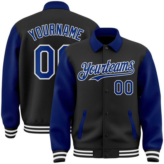 Custom Black Royal-White Bomber Full-Snap Varsity Letterman Two Tone Lapel Collar Byron Jacket - Main View