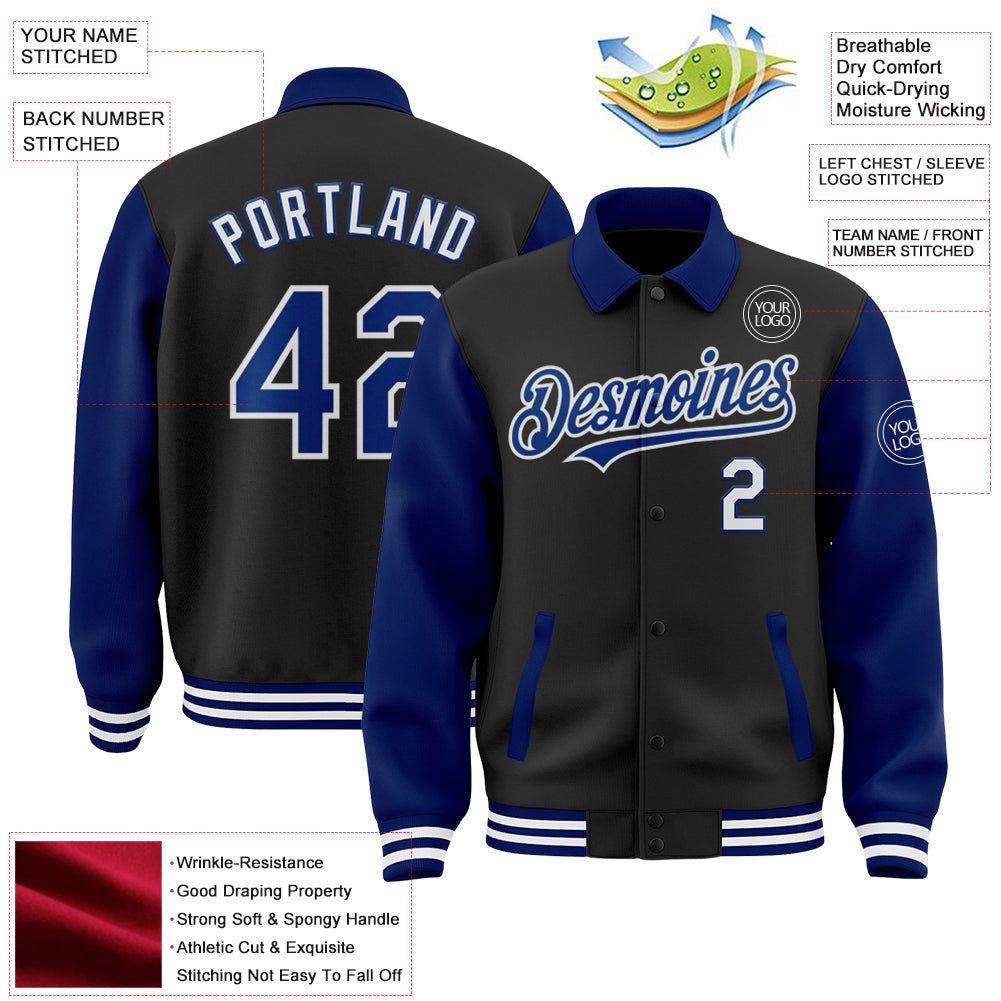 Custom Black Royal-White Bomber Full-Snap Varsity Letterman Two Tone Lapel Collar Byron Jacket view 3