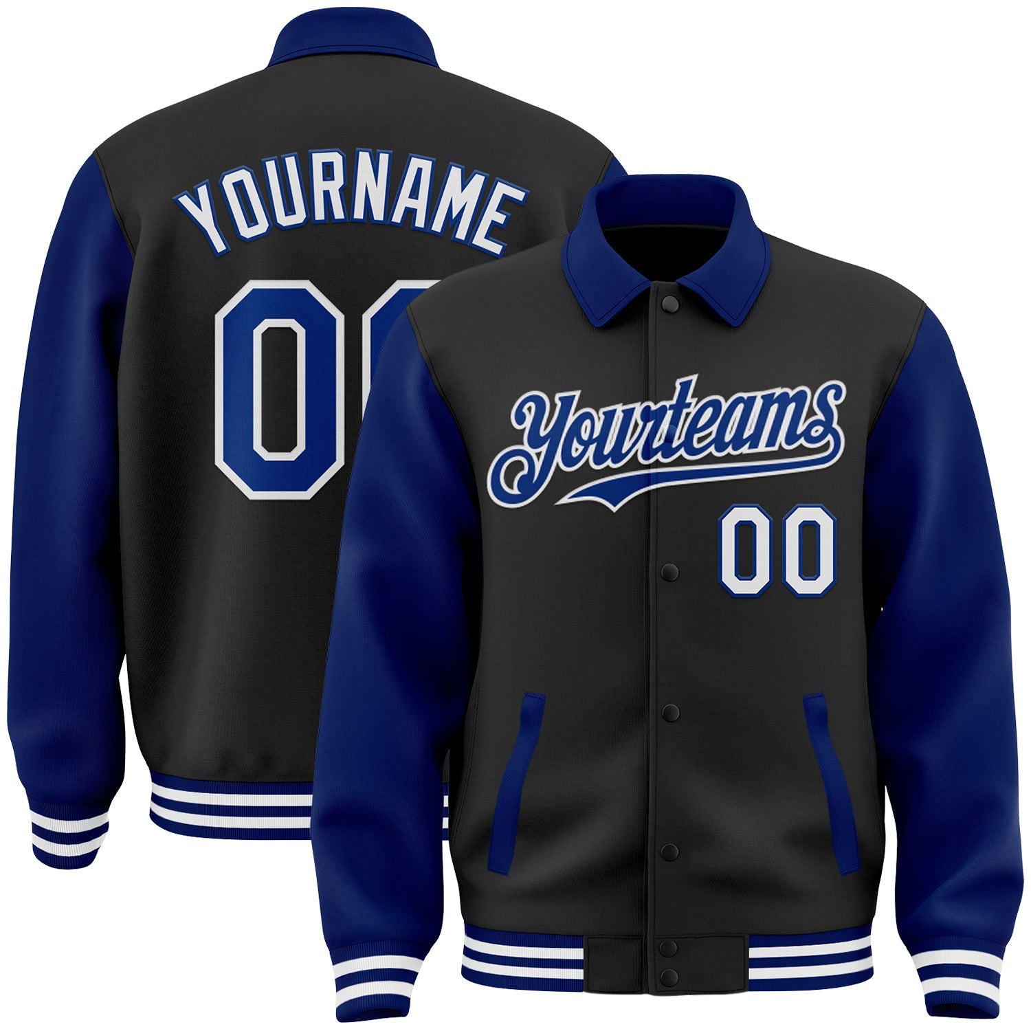 Custom Black Royal-White Bomber Full-Snap Varsity Letterman Two Tone Lapel Collar Byron Jacket - Main View