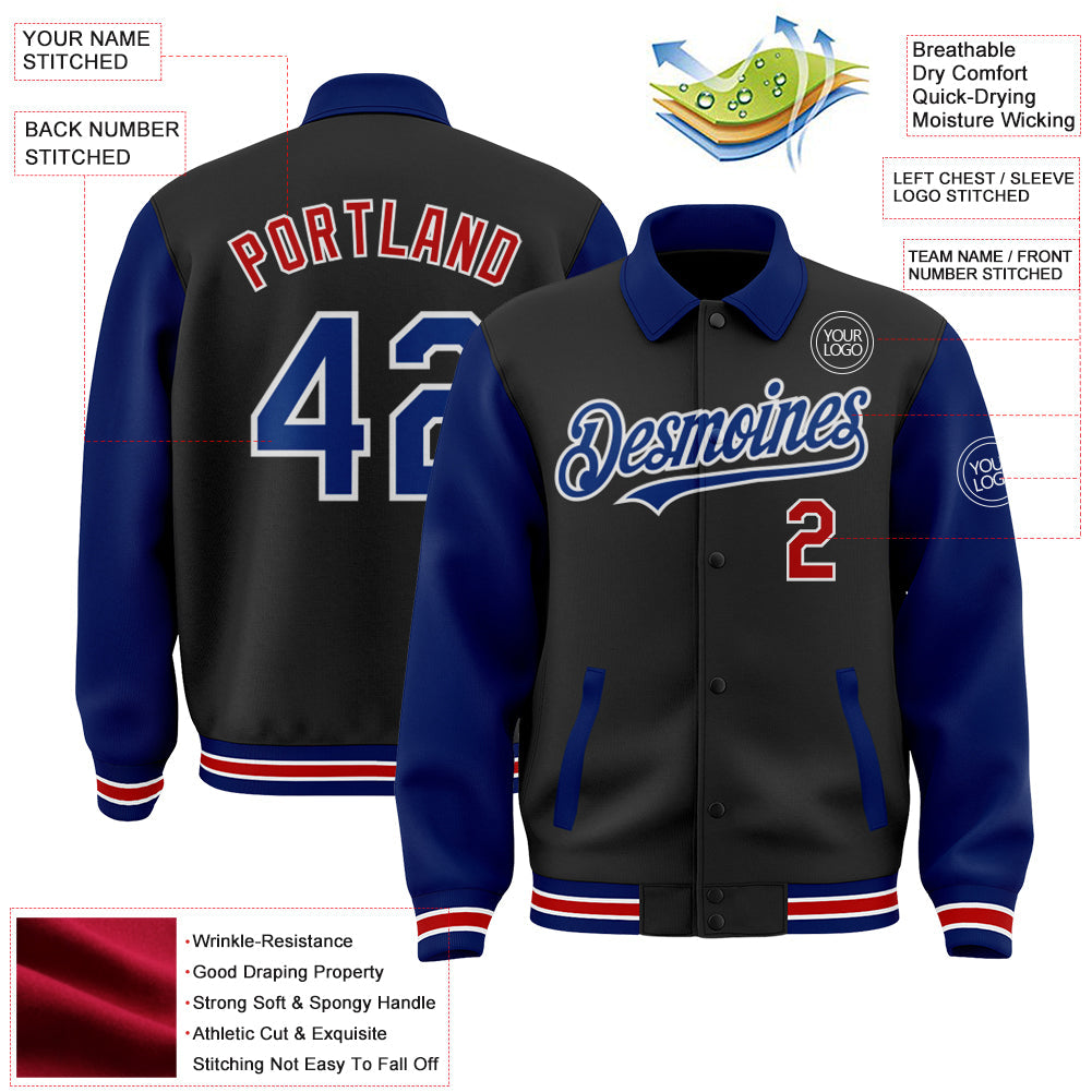 Custom Black Royal-Red Bomber Full-Snap Varsity Letterman Two Tone Lapel Collar Byron Jacket view 3