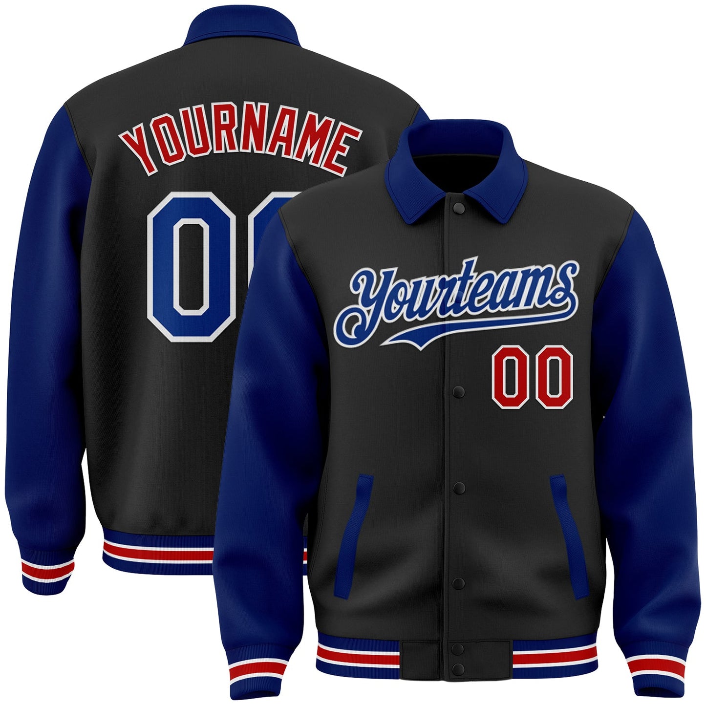 Custom Black Royal-Red Bomber Full-Snap Varsity Letterman Two Tone Lapel Collar Byron Jacket - Main View