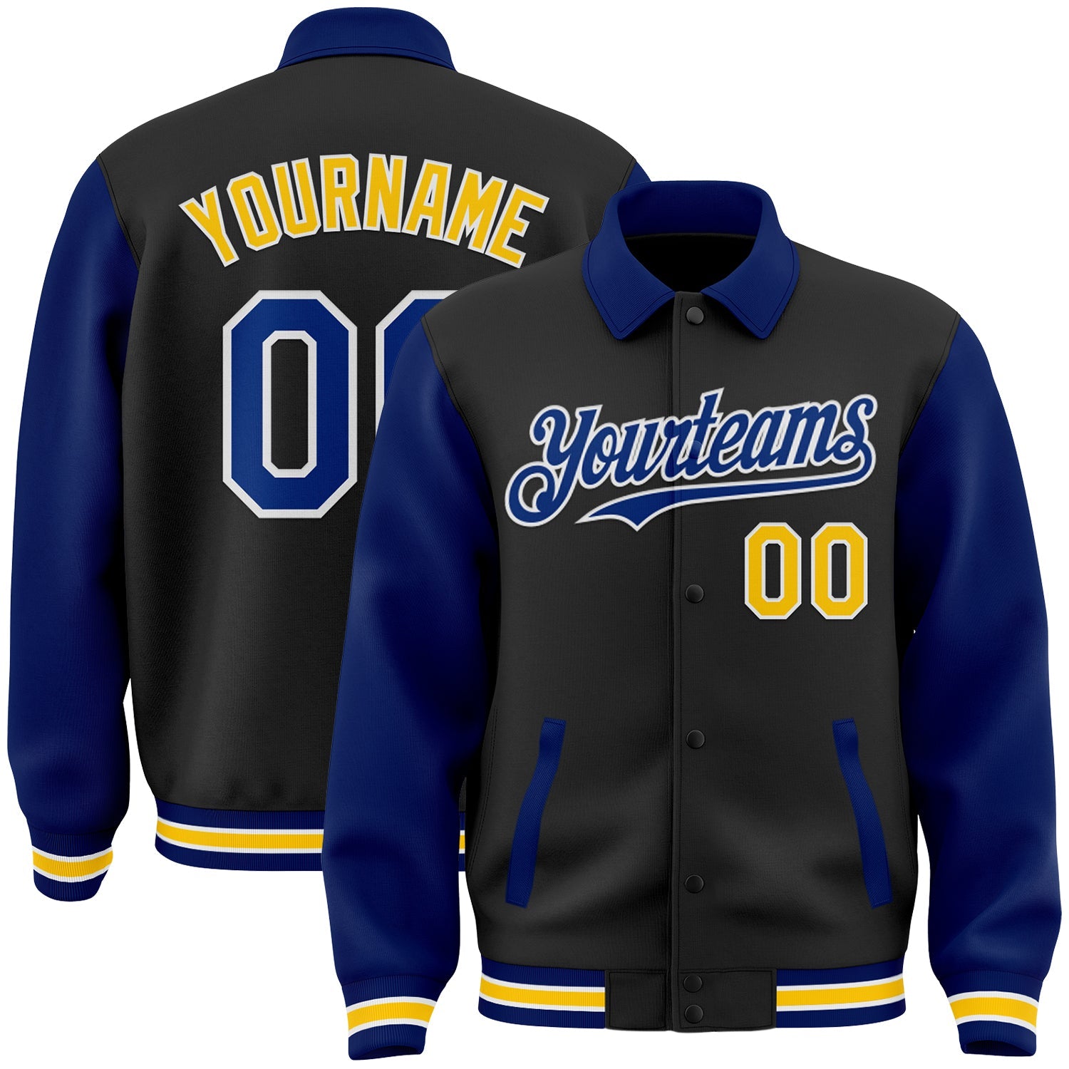 Custom Black Royal-Yellow Bomber Full-Snap Varsity Letterman Two Tone Lapel Collar Byron Jacket - Main View