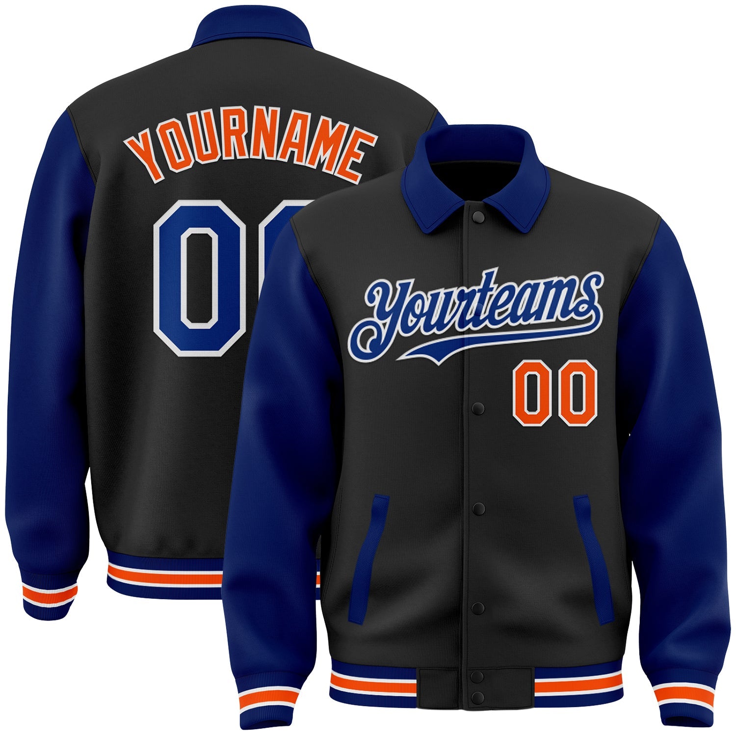 Custom Black Royal-Orange Bomber Full-Snap Varsity Letterman Two Tone Lapel Collar Byron Jacket - Main View