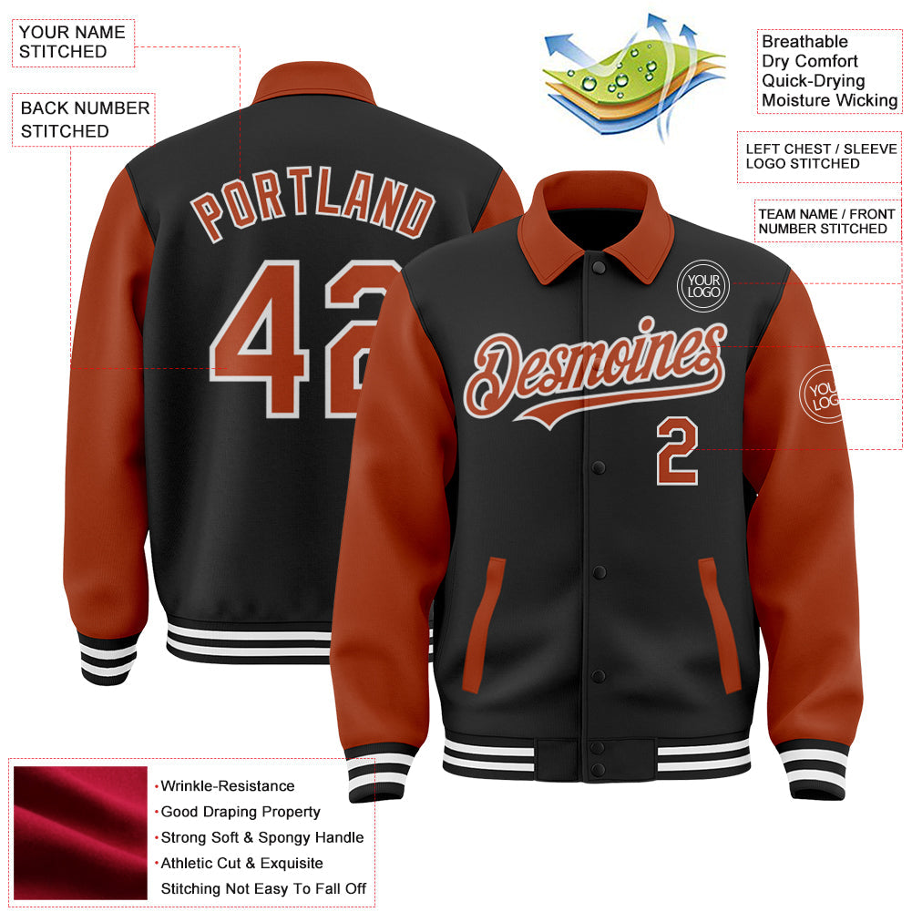 Custom Black Texas Orange-White Bomber Full-Snap Varsity Letterman Two Tone Lapel Collar Byron Jacket view 3