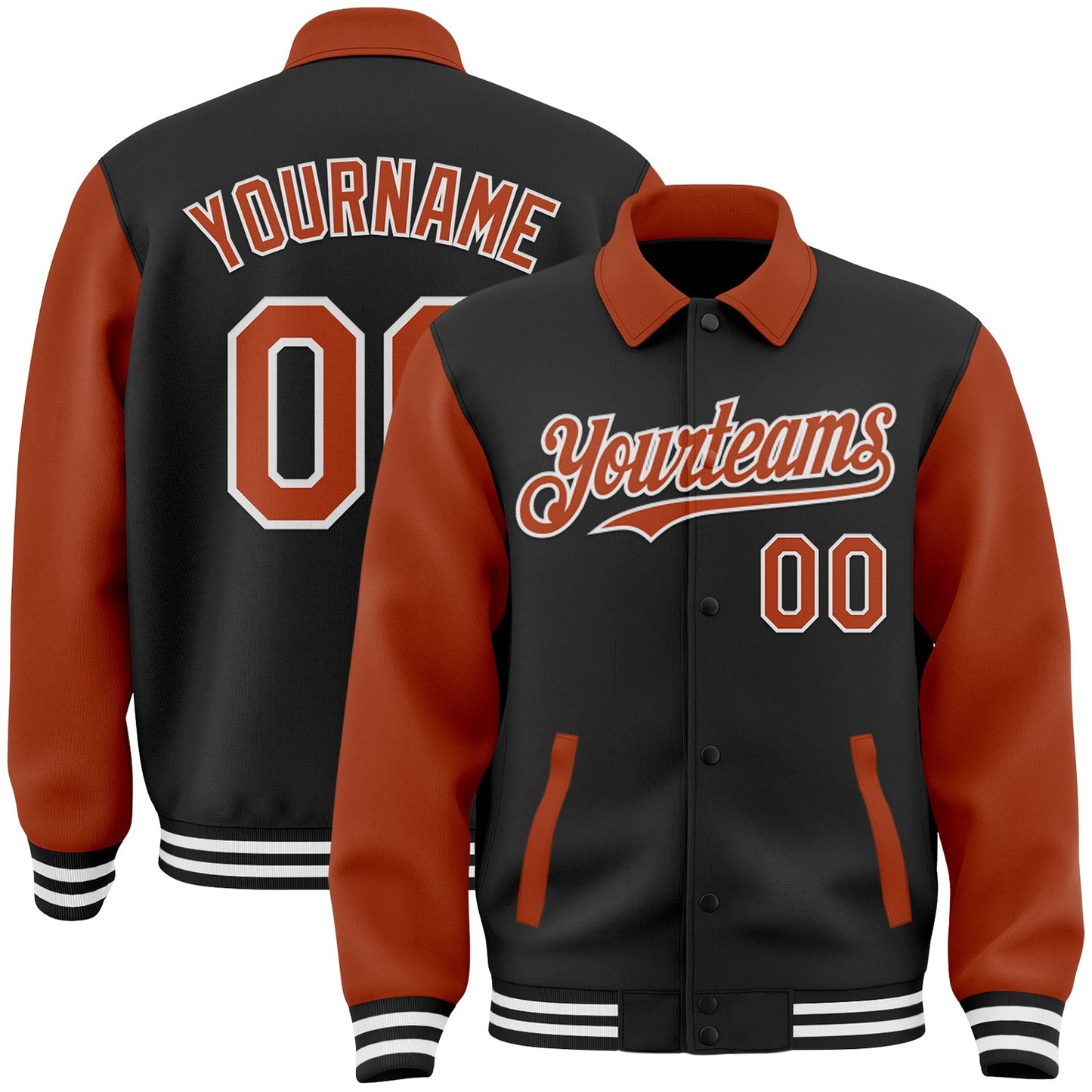 Custom Black Texas Orange-White Bomber Full-Snap Varsity Letterman Two Tone Lapel Collar Byron Jacket - Main View