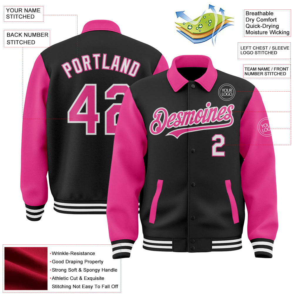 Custom Black Pink-White Bomber Full-Snap Varsity Letterman Two Tone Lapel Collar Byron Jacket view 3