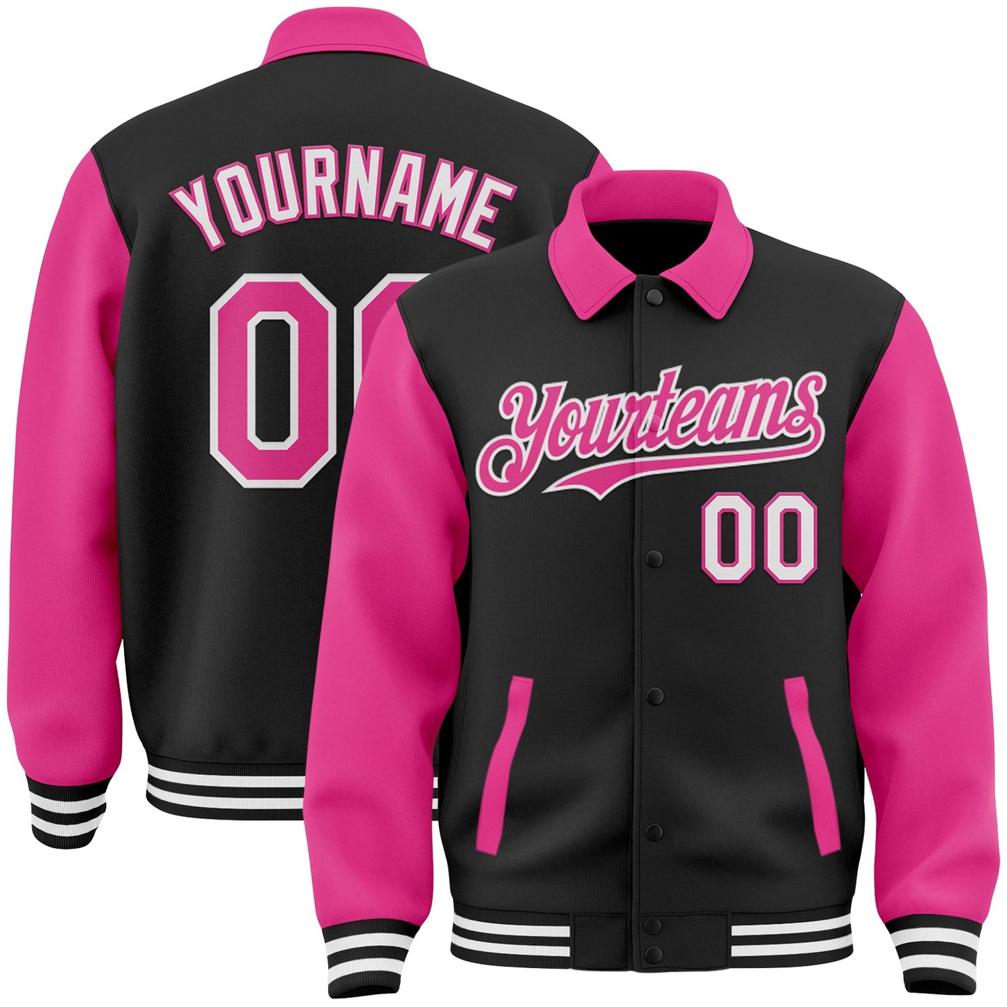 Custom Black Pink-White Bomber Full-Snap Varsity Letterman Two Tone Lapel Collar Byron Jacket - Main View