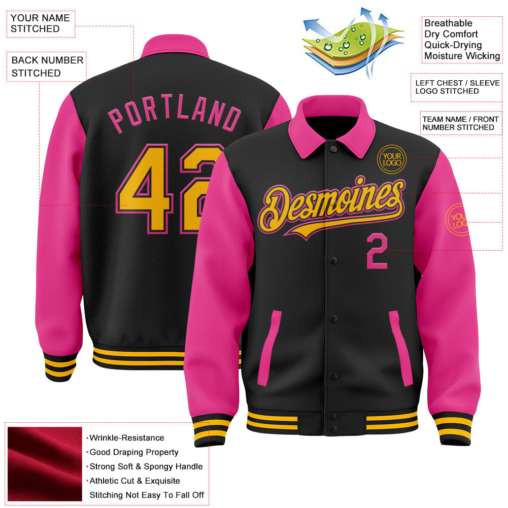Custom Black Gold-Pink Bomber Full-Snap Varsity Letterman Two Tone Lapel Collar Byron Jacket view 3