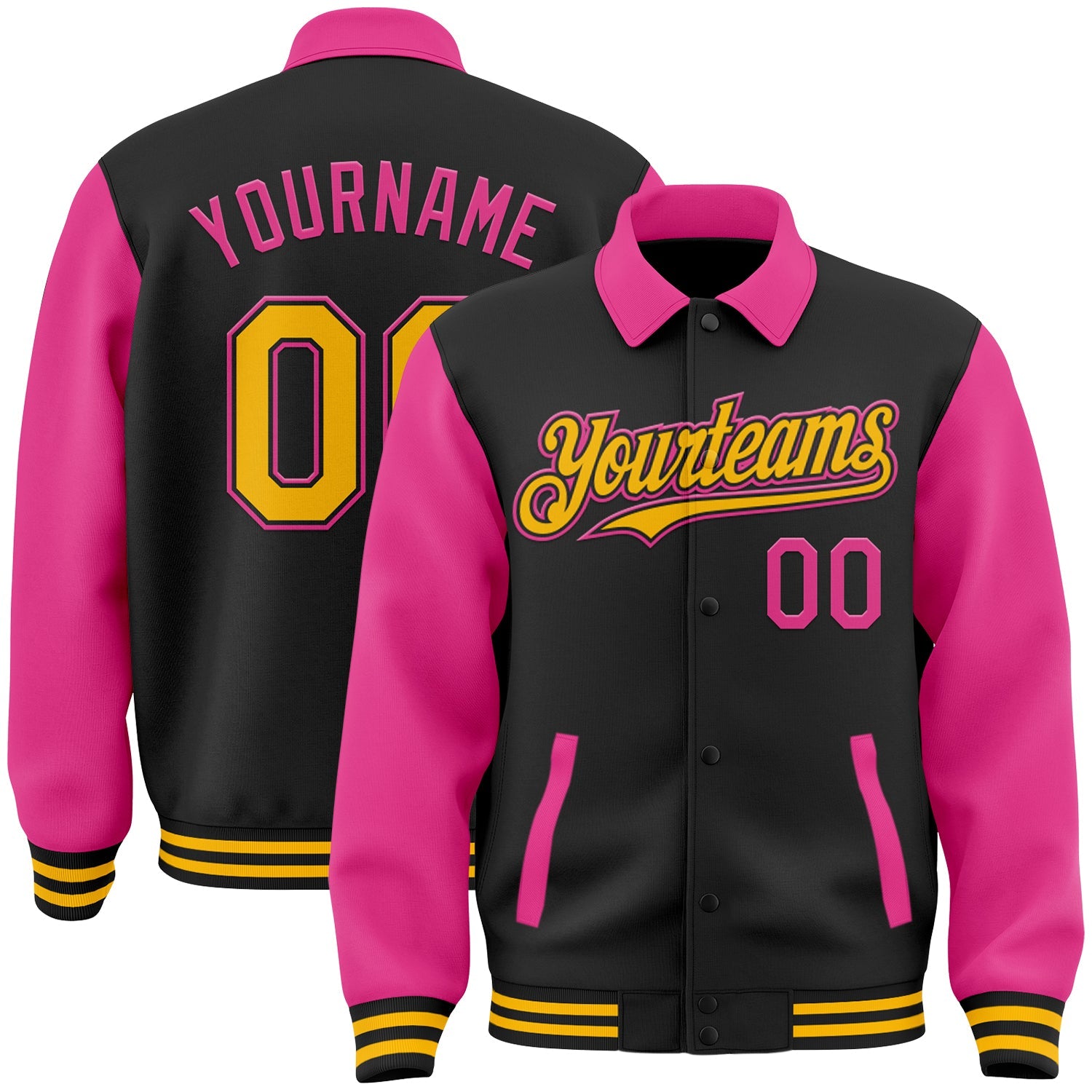 Custom Black Gold-Pink Bomber Full-Snap Varsity Letterman Two Tone Lapel Collar Byron Jacket - Main View