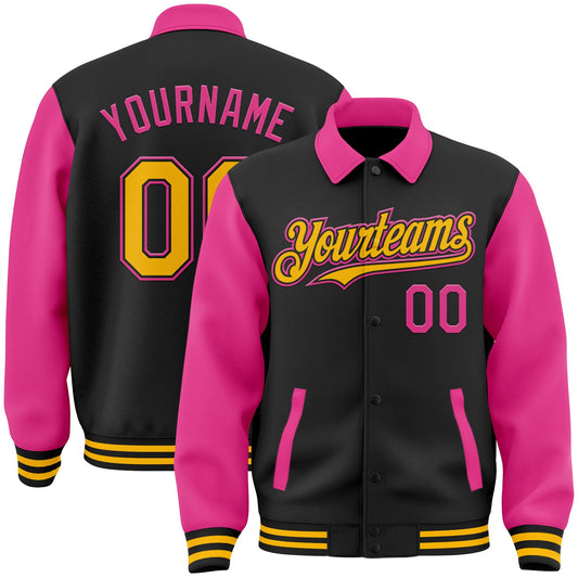 Custom Black Gold-Pink Bomber Full-Snap Varsity Letterman Two Tone Lapel Collar Byron Jacket - Main View