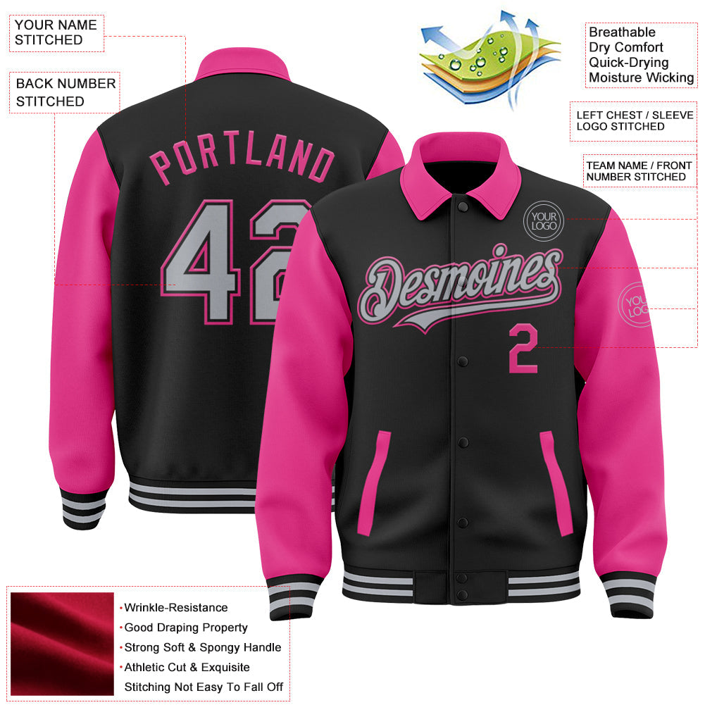 Custom Black Gray-Pink Bomber Full-Snap Varsity Letterman Two Tone Lapel Collar Byron Jacket view 3