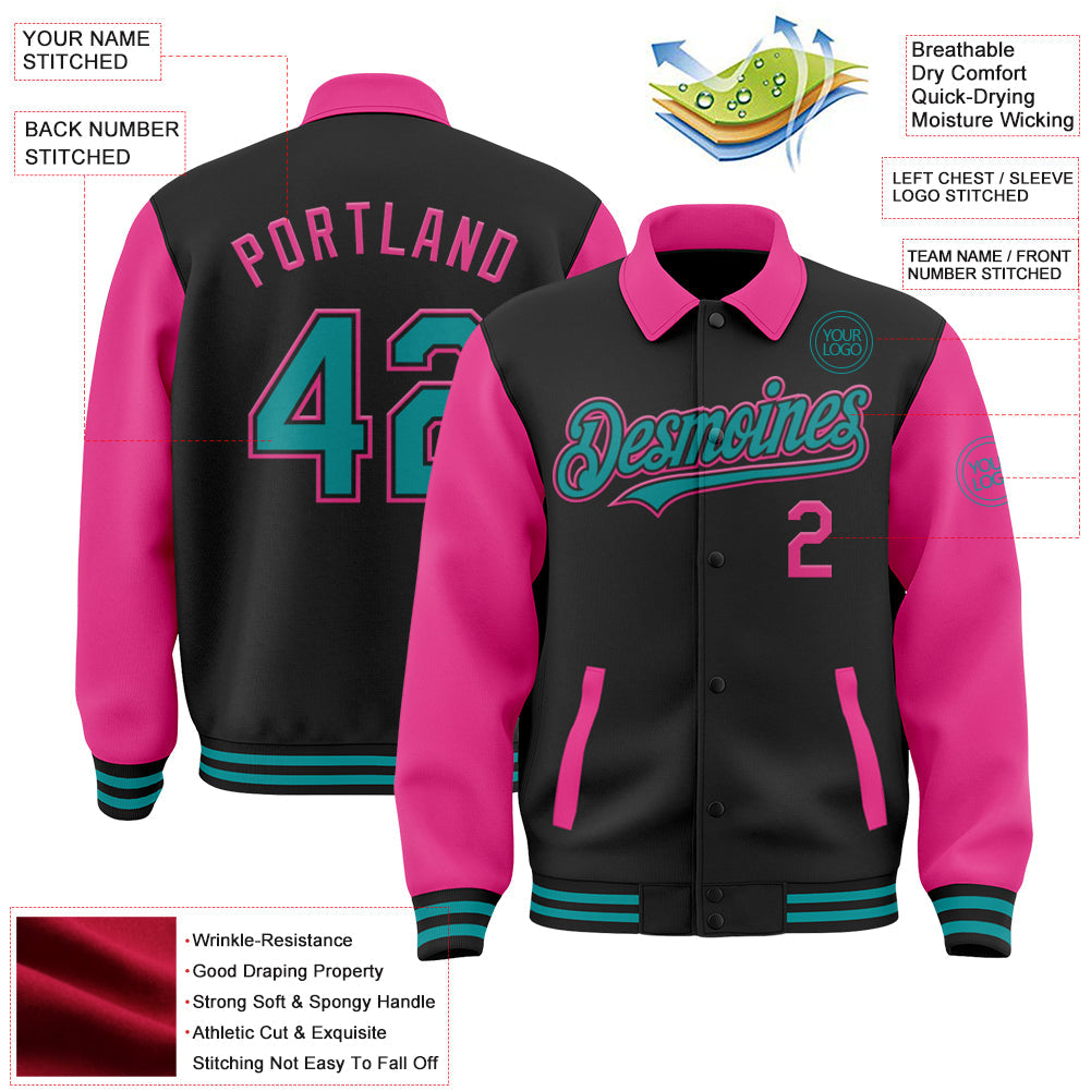 Custom Black Teal-Pink Bomber Full-Snap Varsity Letterman Two Tone Lapel Collar Byron Jacket view 3