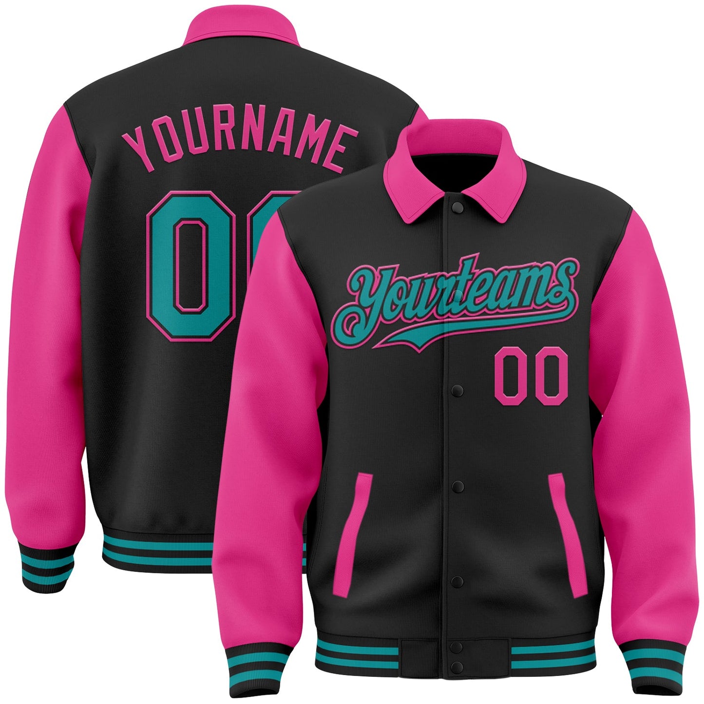 Custom Black Teal-Pink Bomber Full-Snap Varsity Letterman Two Tone Lapel Collar Byron Jacket - Main View