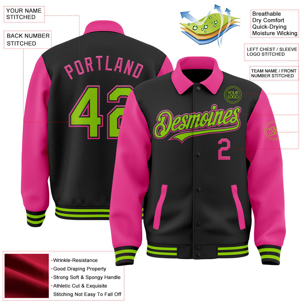 Custom Black Neon Green-Pink Bomber Full-Snap Varsity Letterman Two Tone Lapel Collar Byron Jacket view 3