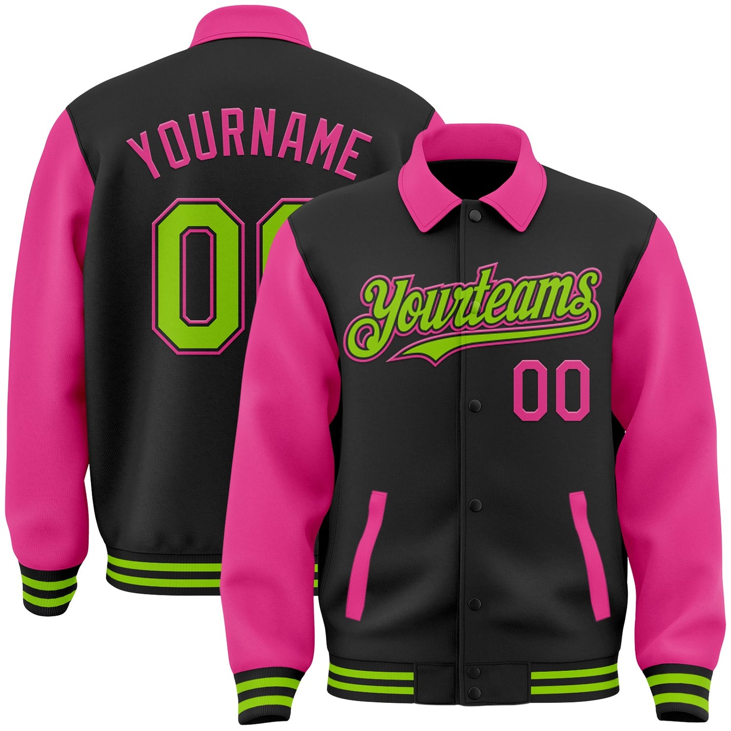 Custom Black Neon Green-Pink Bomber Full-Snap Varsity Letterman Two Tone Lapel Collar Byron Jacket - Main View