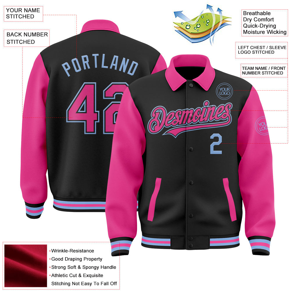 Custom Black Pink-Light Blue Bomber Full-Snap Varsity Letterman Two Tone Lapel Collar Byron Jacket view 3