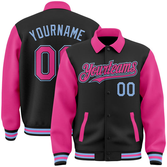 Custom Black Pink-Light Blue Bomber Full-Snap Varsity Letterman Two Tone Lapel Collar Byron Jacket - Main View
