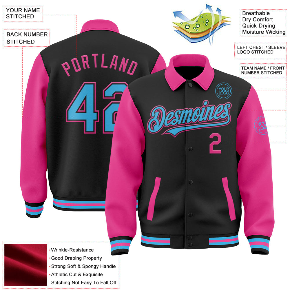Custom Black Sky Blue-Pink Bomber Full-Snap Varsity Letterman Two Tone Lapel Collar Byron Jacket view 3