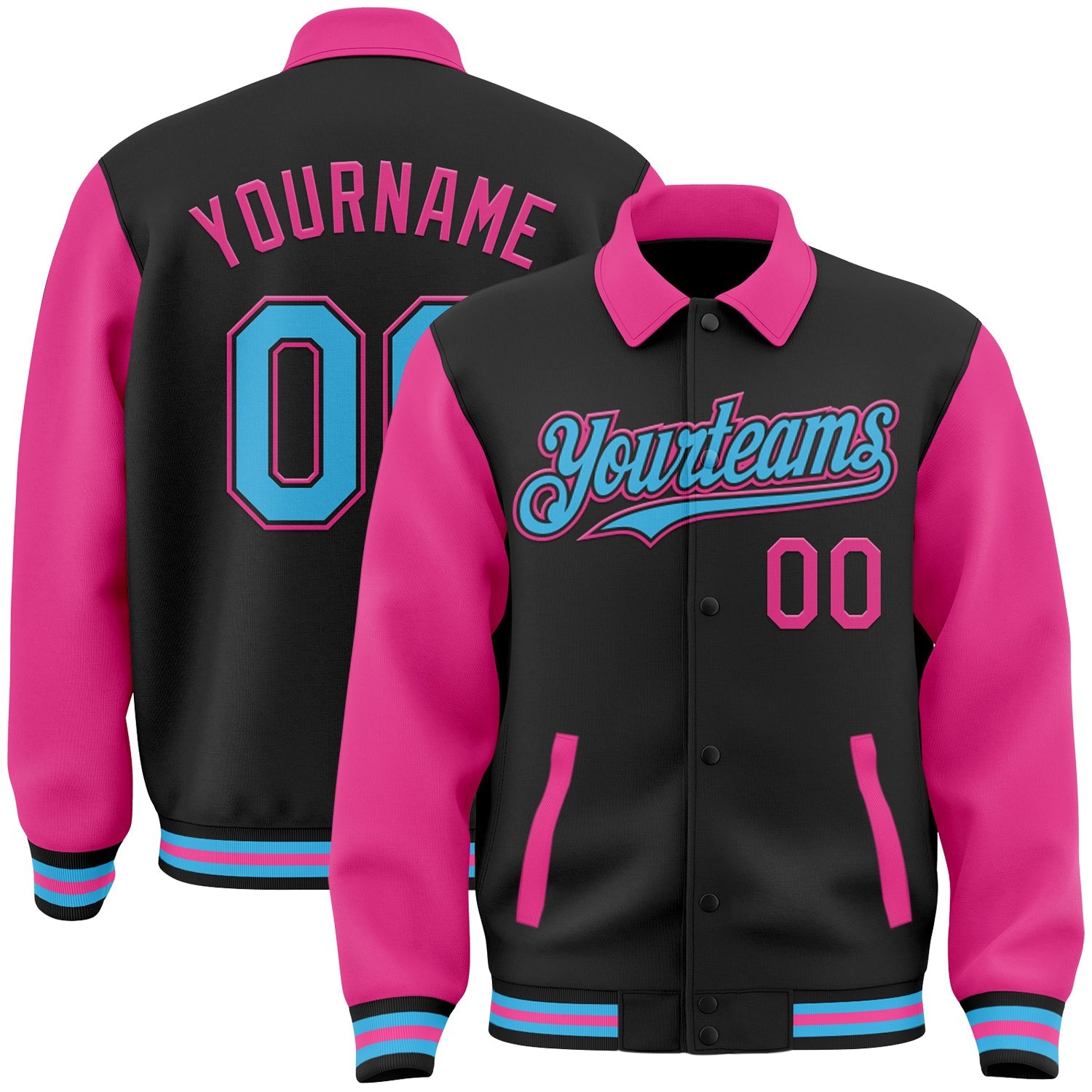 Custom Black Sky Blue-Pink Bomber Full-Snap Varsity Letterman Two Tone Lapel Collar Byron Jacket - Main View