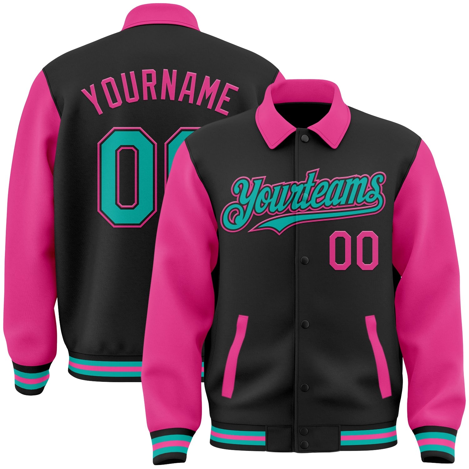 Custom Black Aqua-Pink Bomber Full-Snap Varsity Letterman Two Tone Lapel Collar Byron Jacket - Main View
