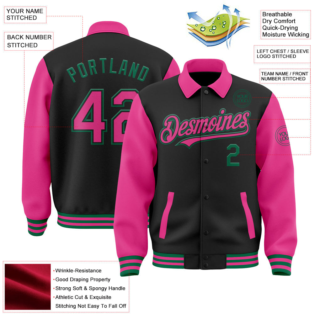 Custom Black Pink-Kelly Green Bomber Full-Snap Varsity Letterman Two Tone Lapel Collar Byron Jacket view 3