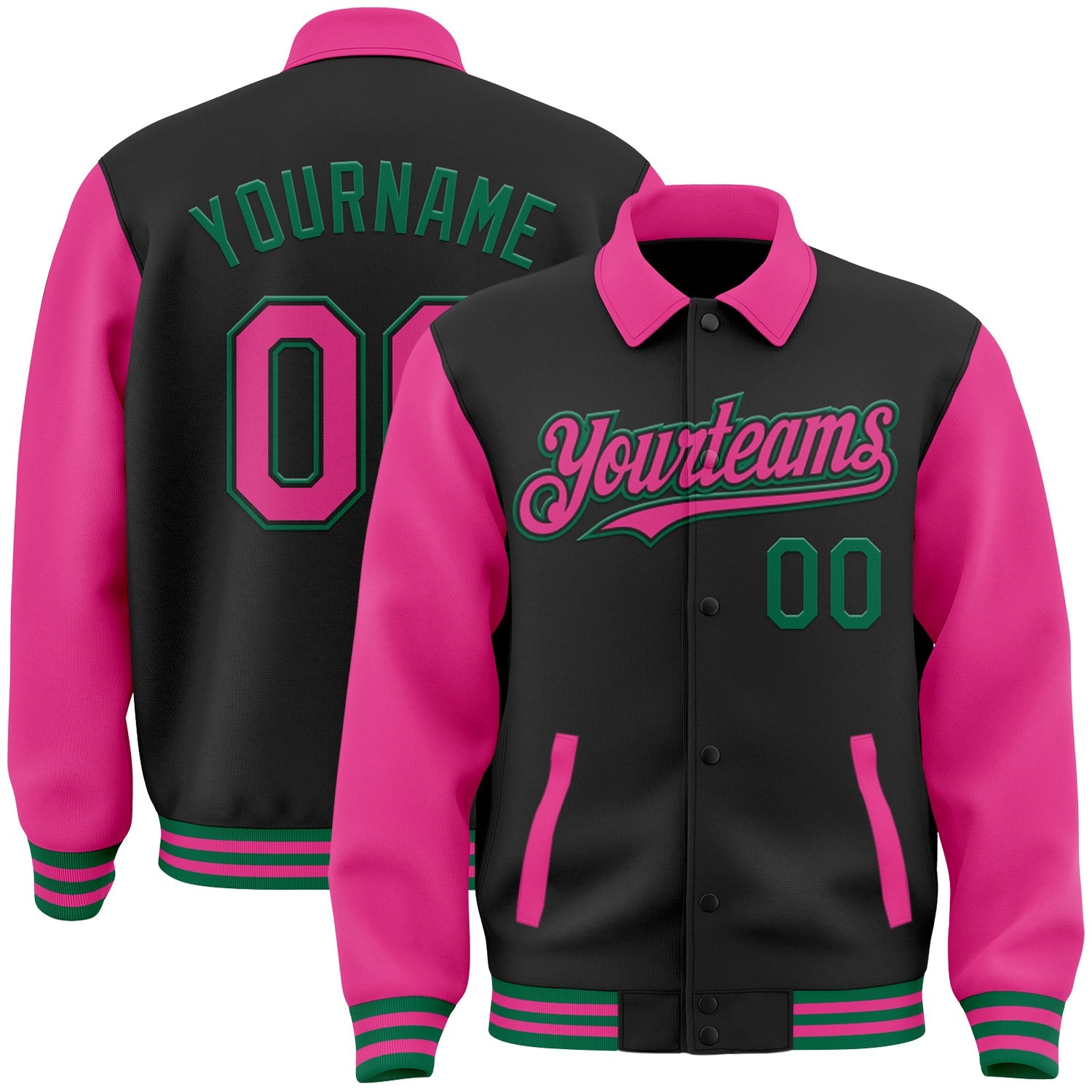 Custom Black Pink-Kelly Green Bomber Full-Snap Varsity Letterman Two Tone Lapel Collar Byron Jacket - Main View