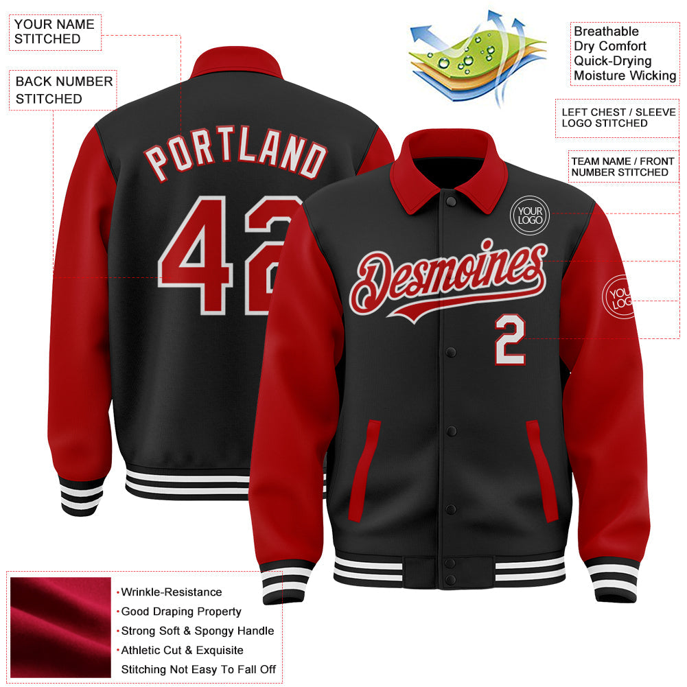 Custom Black Red-White Bomber Full-Snap Varsity Letterman Two Tone Lapel Collar Byron Jacket view 3