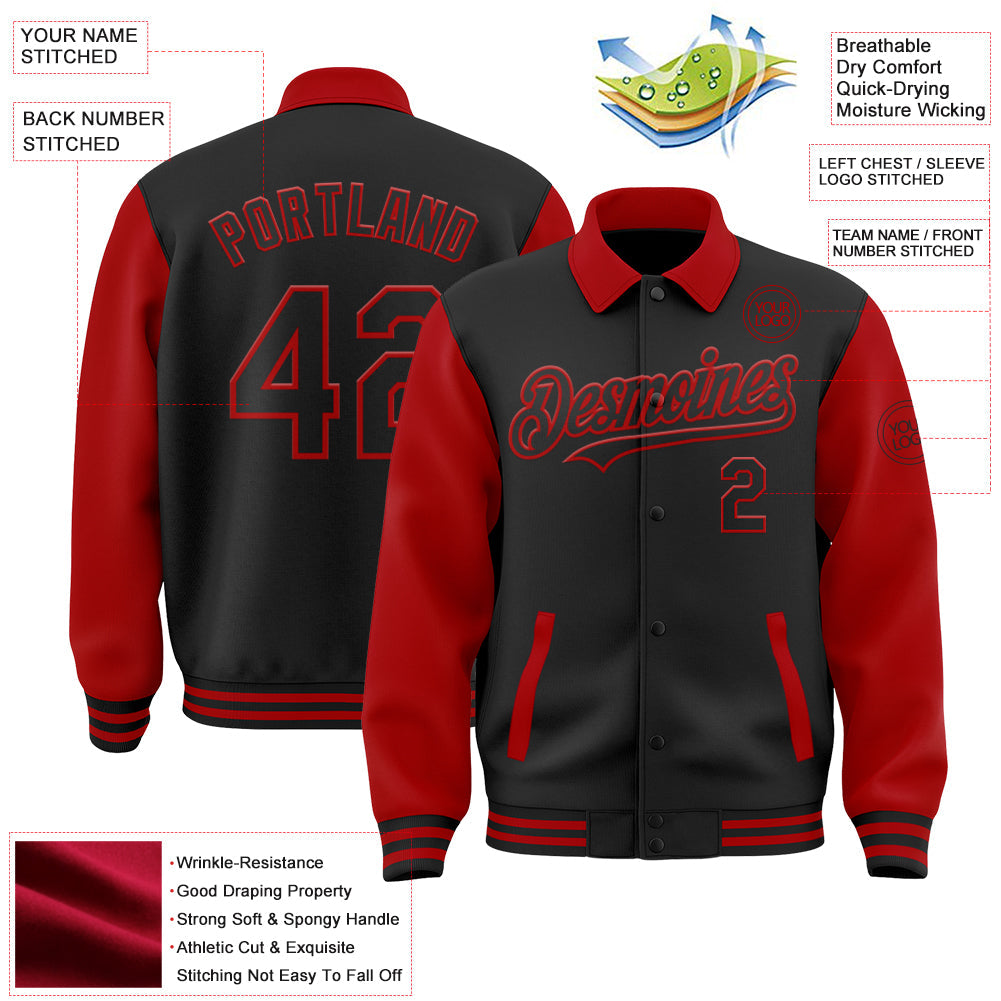 Custom Black Red Bomber Full-Snap Varsity Letterman Two Tone Lapel Collar Byron Jacket view 3