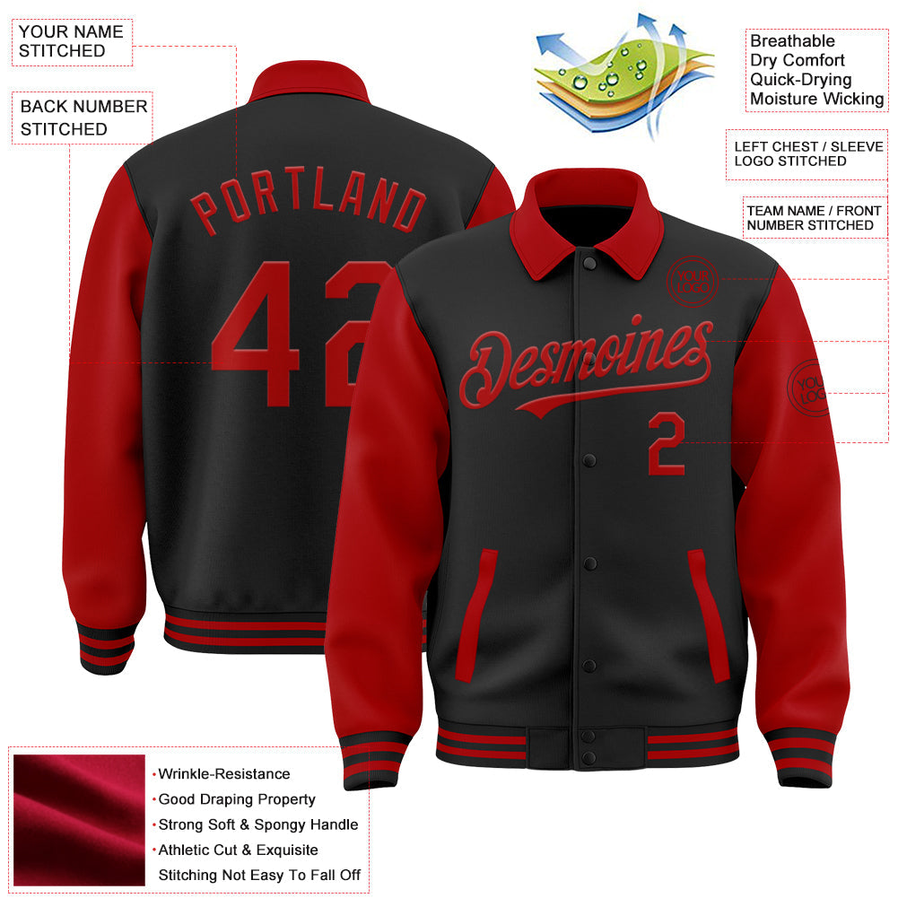 Custom Black Red Bomber Full-Snap Varsity Letterman Two Tone Lapel Collar Byron Jacket view 3
