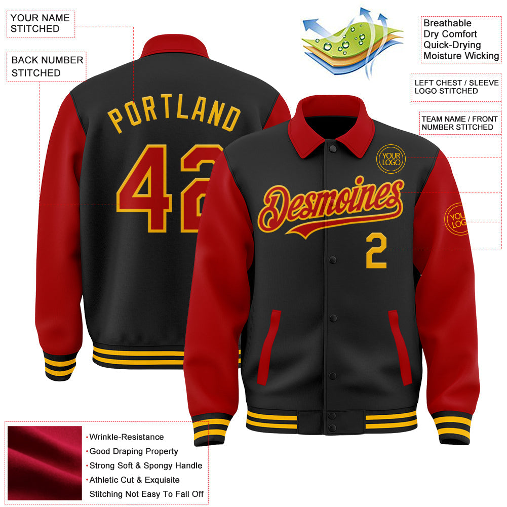 Custom Black Red-Gold Bomber Full-Snap Varsity Letterman Two Tone Lapel Collar Byron Jacket view 3