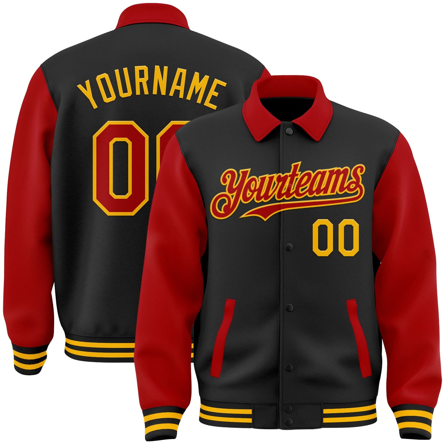 Custom Black Red-Gold Bomber Full-Snap Varsity Letterman Two Tone Lapel Collar Byron Jacket - Main View