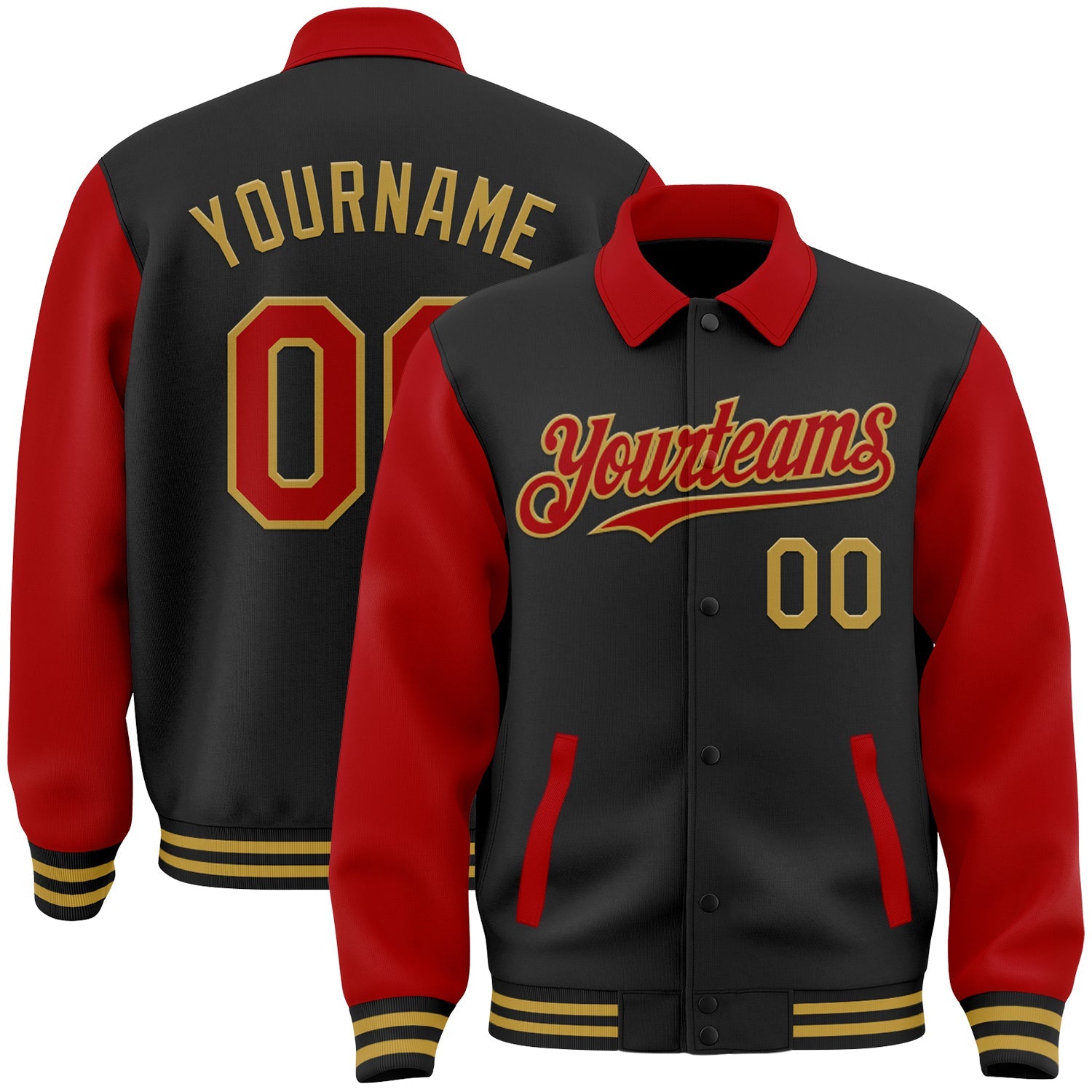 Custom Black Red-Old Gold Bomber Full-Snap Varsity Letterman Two Tone Lapel Collar Byron Jacket - Main View