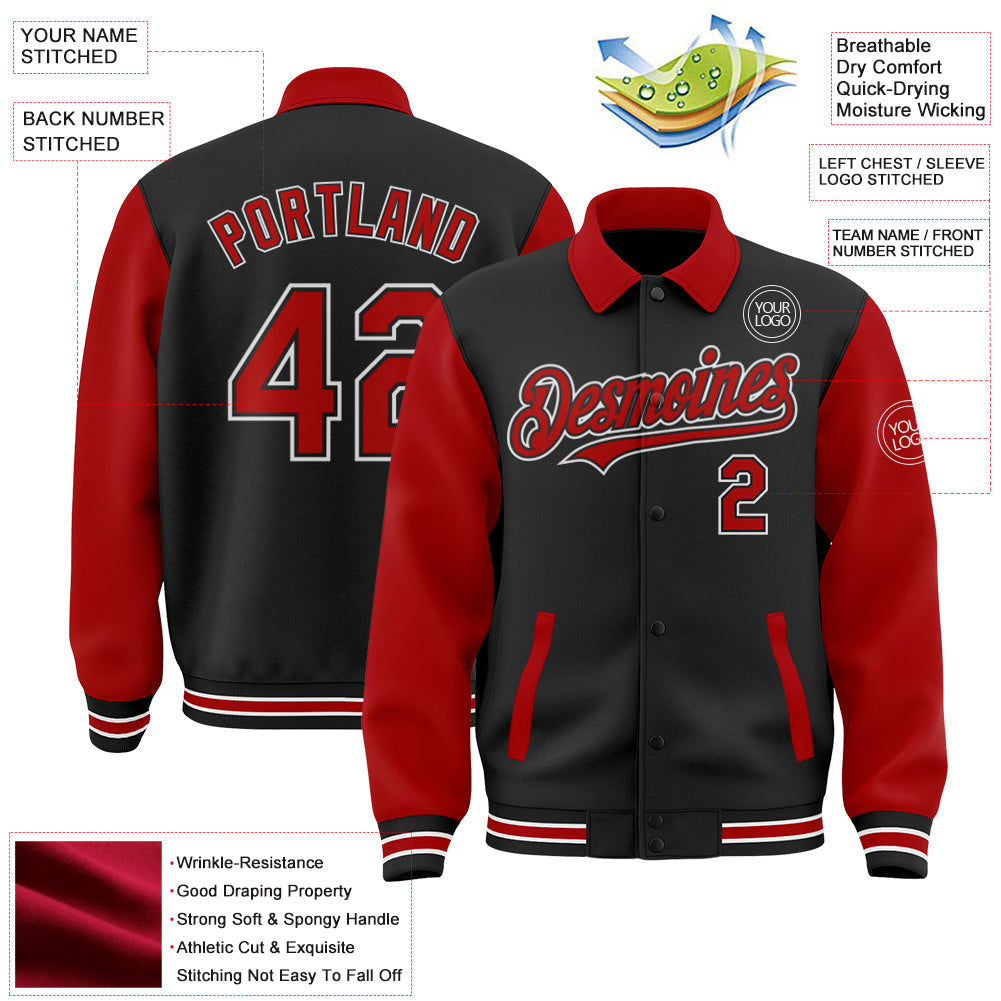 Custom Black Red-White Bomber Full-Snap Varsity Letterman Two Tone Lapel Collar Byron Jacket view 3