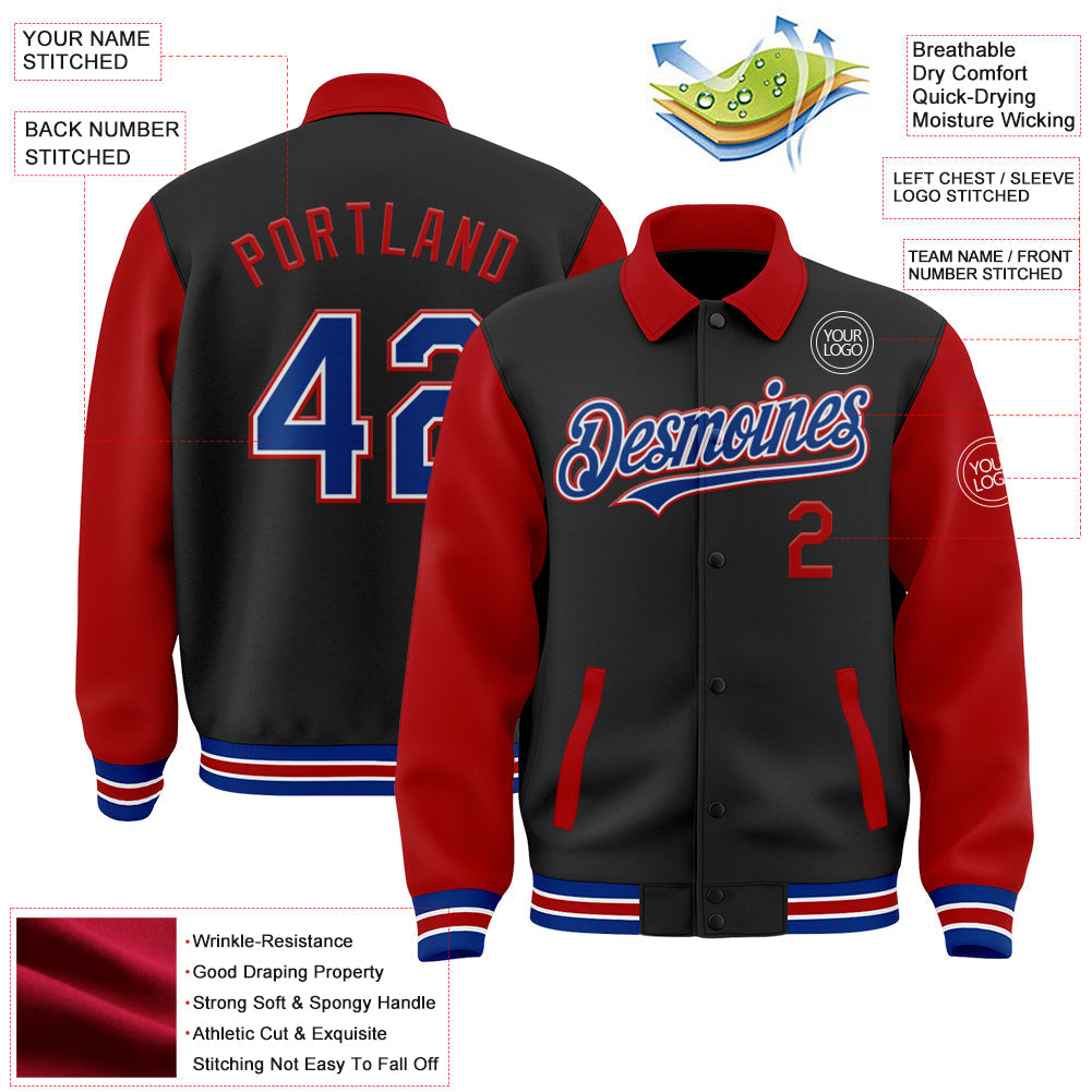 Custom Black Royal-Red Bomber Full-Snap Varsity Letterman Two Tone Lapel Collar Byron Jacket view 3
